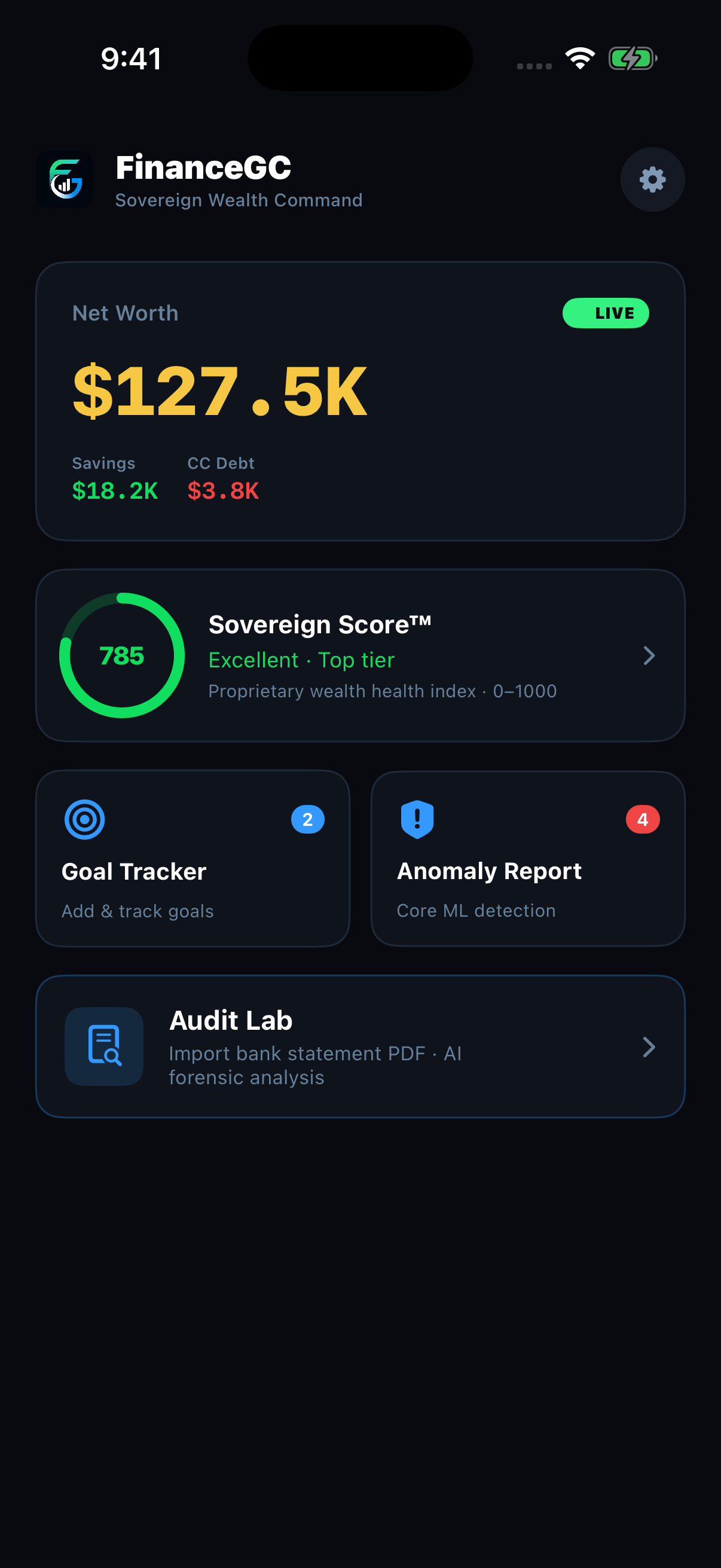 FinanceGC Command Center — Sovereign Score and net worth